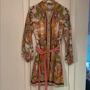 White &  Floral Paisley Print Long Sleeve Dress with Pink Belt
